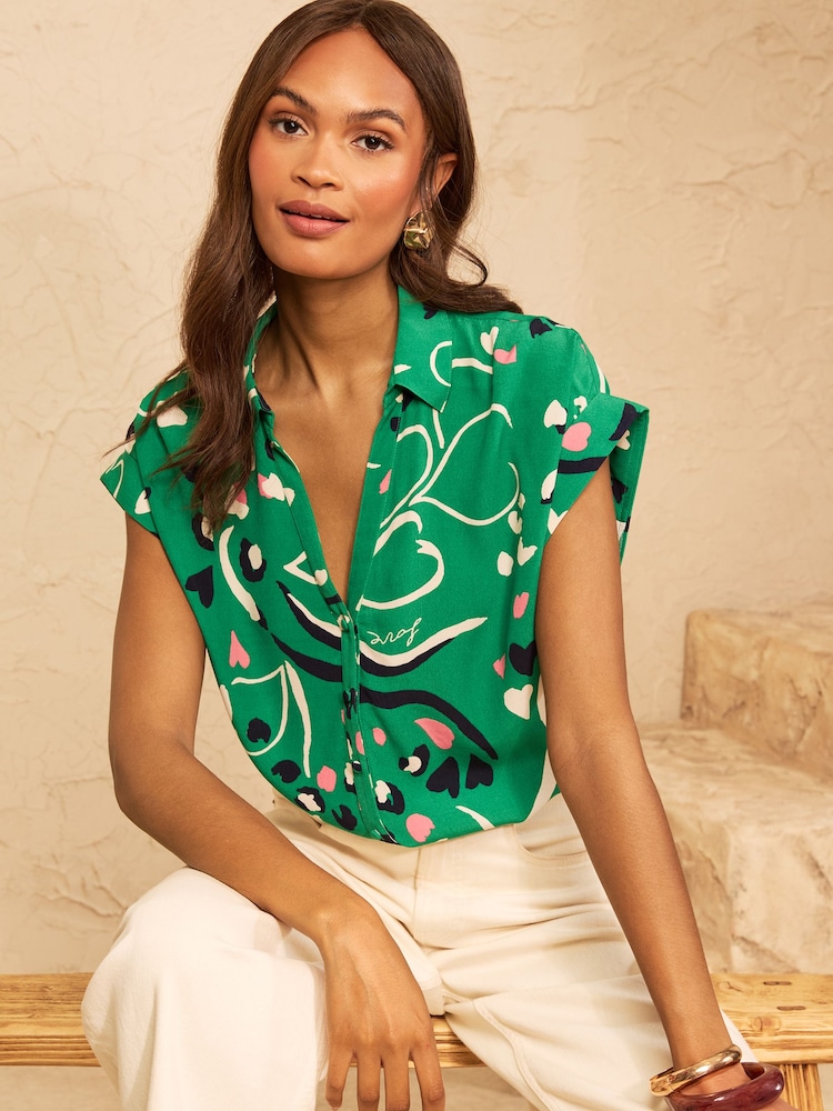 Love & Roses Green Printed Petite Roll Sleeve Button Down Shirt - Image 4 of 4