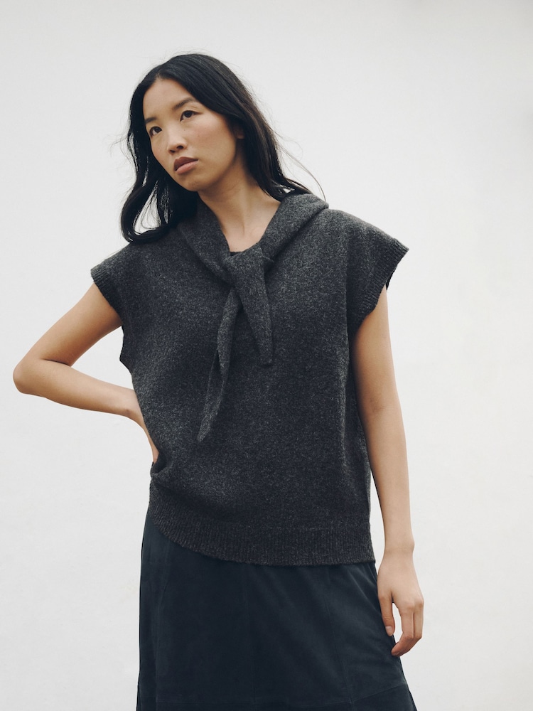 Charcoal Grey Tie Neck Knitted Tank Top - Image 1 of 8