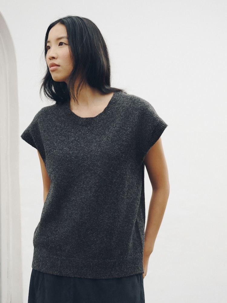 Charcoal Grey Tie Neck Knitted Tank Top - Image 2 of 8