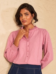 Love & Roses Rose Pink Petite 3/4 Sleeve Broderie Top - Image 1 of 4