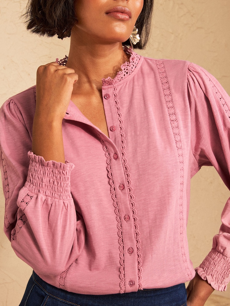 Love & Roses Rose Pink Petite 3/4 Sleeve Broderie Top - Image 2 of 4