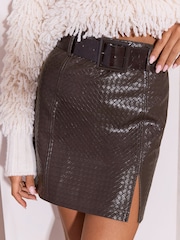 Lipsy Chocolate Brown Faux Leather Woven Belted Side Split Midi Skirt - Image 2 of 5