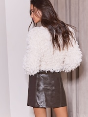 Lipsy Chocolate Brown Faux Leather Woven Belted Side Split Midi Skirt - Image 5 of 5