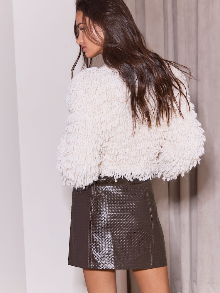 Lipsy Chocolate Brown Faux Leather Woven Belted Side Split Midi Skirt - Image 5 of 5
