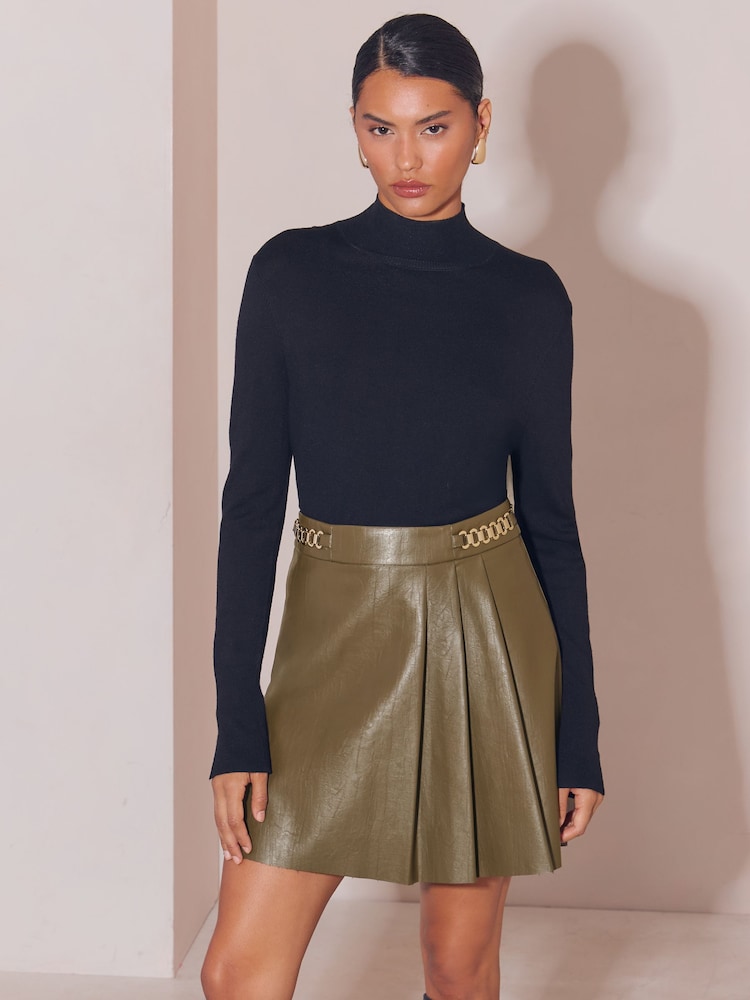 Lipsy Faux Leather Gold Trim Pleated Mini Skirt - Slika 1 od 5