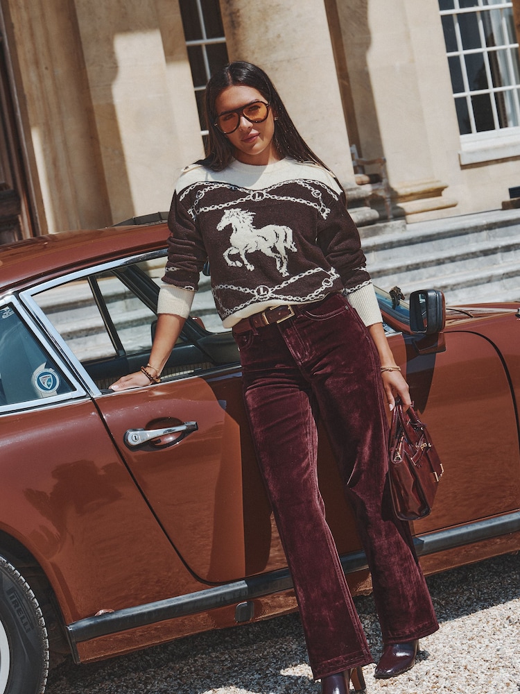 Lipsy Burgundy Red Wide Leg Flocked Jeans - Image 1 of 7