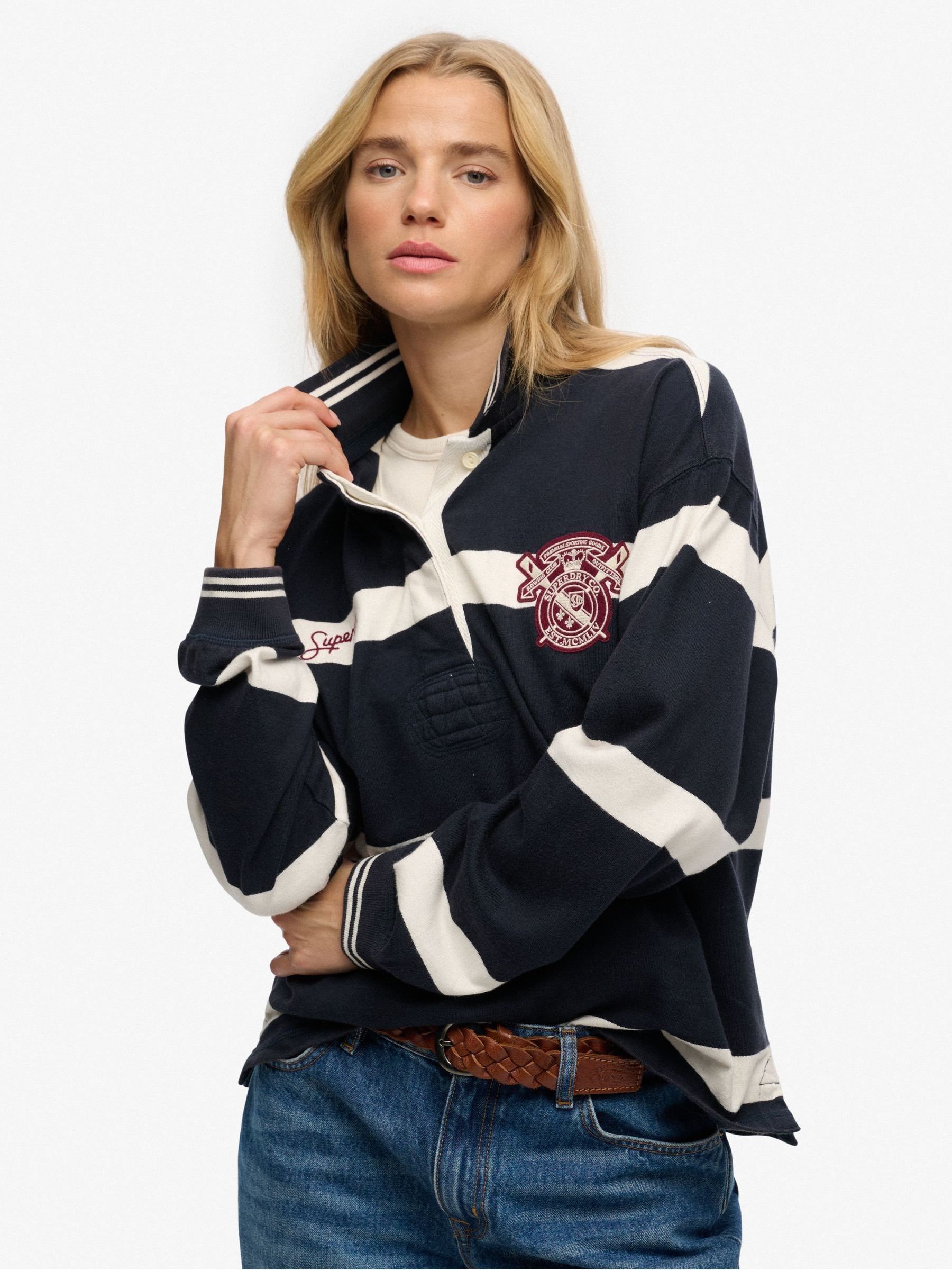 Superdry Women's Blue Crest Stripe Rugby Shirt - Image 1