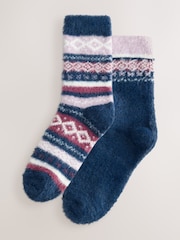 Navy Blue/Purple Fairisle - Super Furry Cosy Socks 2 Pack - Image 1 of 5