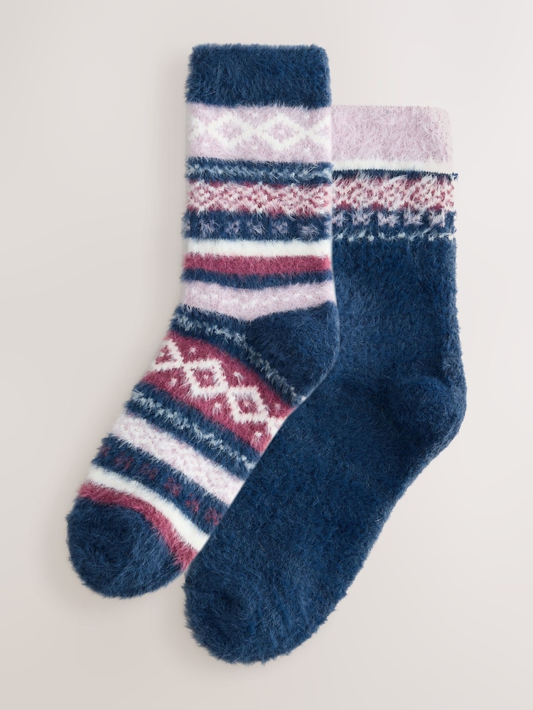 Navy Blue/Purple Fairisle - Super Furry Cosy Socks 2 Pack - Image 1 of 5