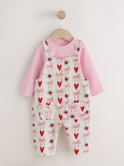 Ecru/Pink Bow And Heart Baby Long Sleeve Bodysuit And Woven Dungarees Set 2 Piece (0mths-2yrs) - Image 1 of 7