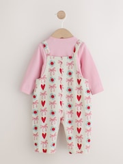 Ecru/Pink Bow And Heart Baby Long Sleeve Bodysuit And Woven Dungarees Set 2 Piece (0mths-2yrs) - Image 3 of 7