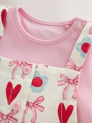 Ecru/Pink Bow And Heart Baby Long Sleeve Bodysuit And Woven Dungarees Set 2 Piece (0mths-2yrs) - Image 4 of 7