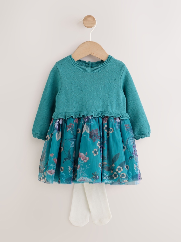 Teal Floral Twofer Knit & Mesh Baby Dress & Tights Set 2 Piece (0mths-2yrs) - Image 1 of 5 Teal Floral Twofer Knit & Mesh Baby Dress & Tights Set 2 Piece (0mths-2yrs) - Image 1 of 5