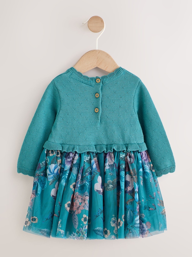 Teal Floral Twofer Knit & Mesh Baby Dress & Tights Set 2 Piece (0mths-2yrs) - Image 2 of 5 Teal Floral Twofer Knit & Mesh Baby Dress & Tights Set 2 Piece (0mths-2yrs) - Image 2 of 5