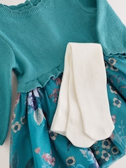 Teal Floral Twofer Knit & Mesh Baby Dress & Tights Set 2 Piece (0mths-2yrs) - Image 4 of 5