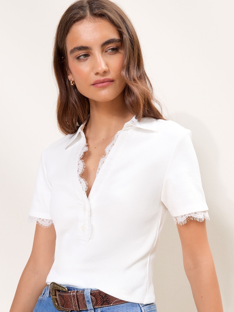 Lipsy White Lace Trim Short Sleeve Polo Shirt - Image 2 of 4 Lipsy White Lace Trim Short Sleeve Polo Shirt - Image 2 of 4