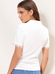 Lipsy White Lace Trim Short Sleeve Polo Shirt - Image 3 of 4