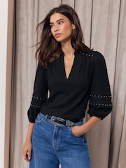 Lipsy Black Stud Detail Crinkle Jersey Top - Image 1 of 5