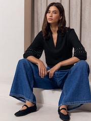 Lipsy Black Stud Detail Crinkle Jersey Top - Image 2 of 5