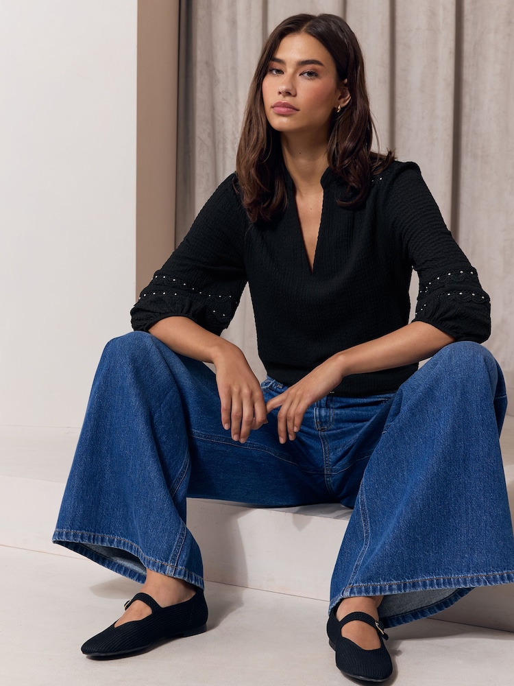 Lipsy Black Stud Detail Crinkle Jersey Top - Image 2 of 5
