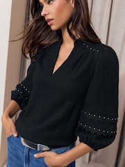 Lipsy Black Stud Detail Crinkle Jersey Top - Image 4 of 5