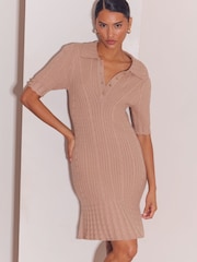 Lipsy Camel Knitted Polo Collar Mini Dress - Image 1 of 5