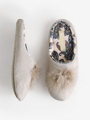 B by Ted Baker Neutral Velour Slippers with Faux Feather Pom - Slika 1 iz 6