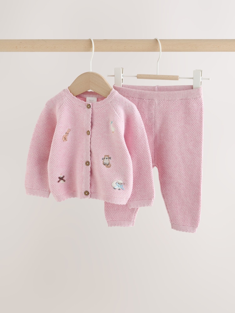 Pink Embroidered Character - Baby Cardigan and Leggings Set 2 Piece (0mths-2yrs) - صورة 1 من 9