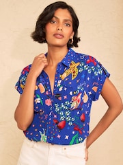 Love & Roses Cobalt Blue Graphics Print Roll Sleeve Button Through Shirt - Image 1 of 4