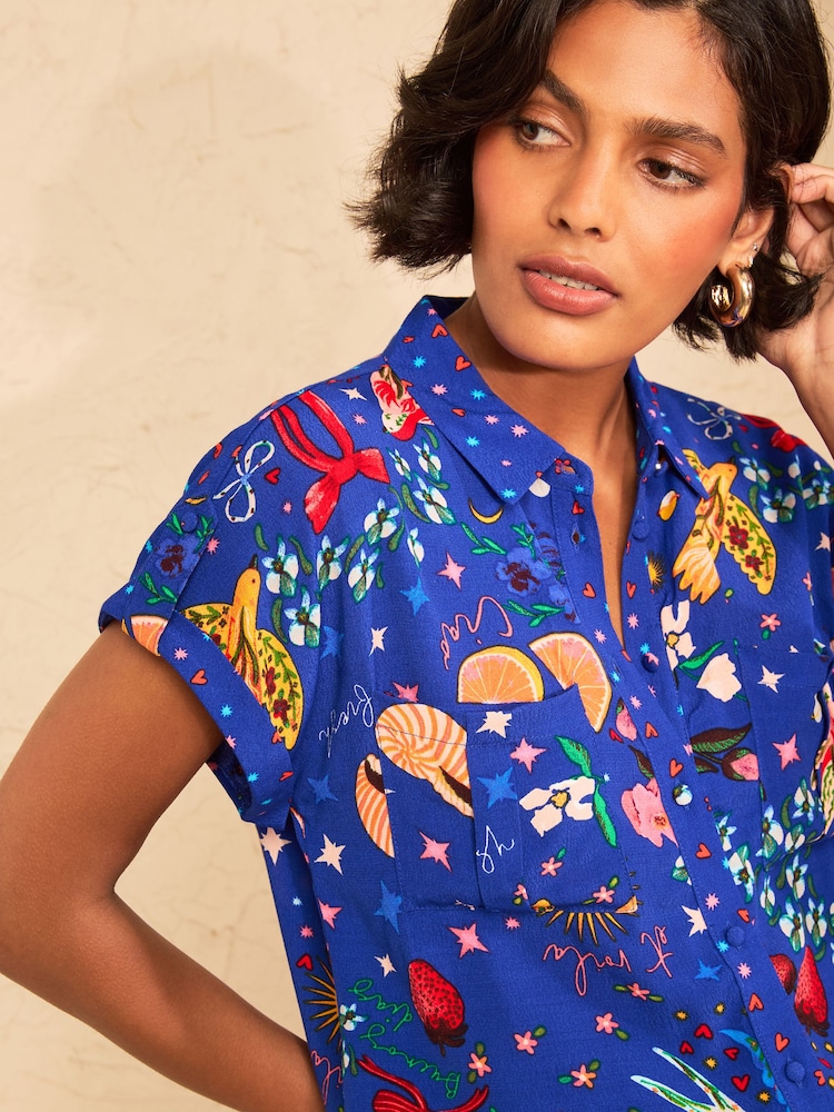 Love & Roses Cobalt Blue Graphics Print Roll Sleeve Button Through Shirt - Image 2 of 4