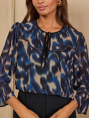 Love & Roses Teal Blue Animal Printed Chiffon Hardware Flute Sleeve Blouse - Image 2 of 4