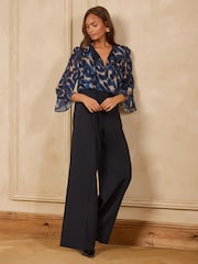 Love & Roses Teal Blue Animal Printed Chiffon Hardware Flute Sleeve Blouse - Image 3 of 4
