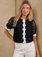 Love & Roses Black Lace Floral Trim Blouse - Image 1 of 5