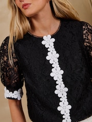 Love & Roses Black Lace Floral Trim Blouse - Image 2 of 5