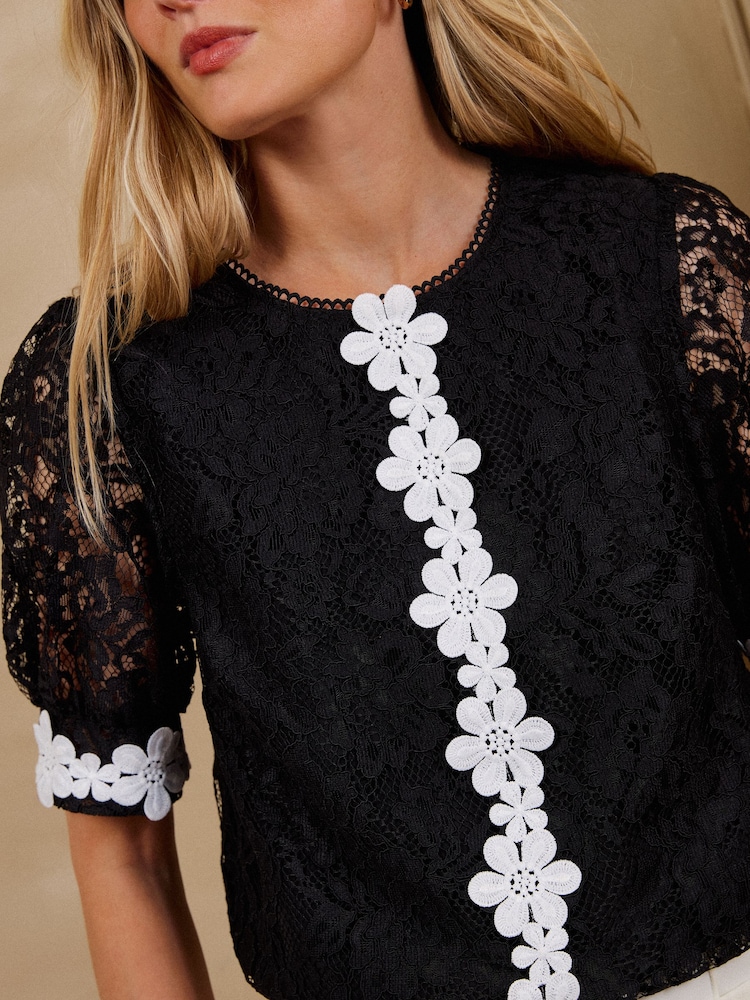 Love & Roses Black Lace Floral Trim Blouse - Image 2 of 5 Love & Roses Black Lace Floral Trim Blouse - Image 2 of 5