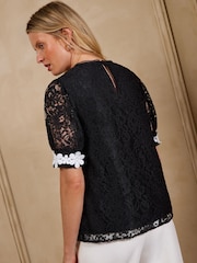 Love & Roses Black Lace Floral Trim Blouse - Image 4 of 5
