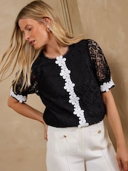 Love & Roses Black Lace Floral Trim Blouse - Image 5 of 5