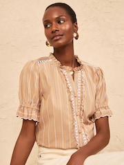 Love & Roses Beige Stripe Ruffle Trim Short Sleeve Blouse - Image 1 of 4