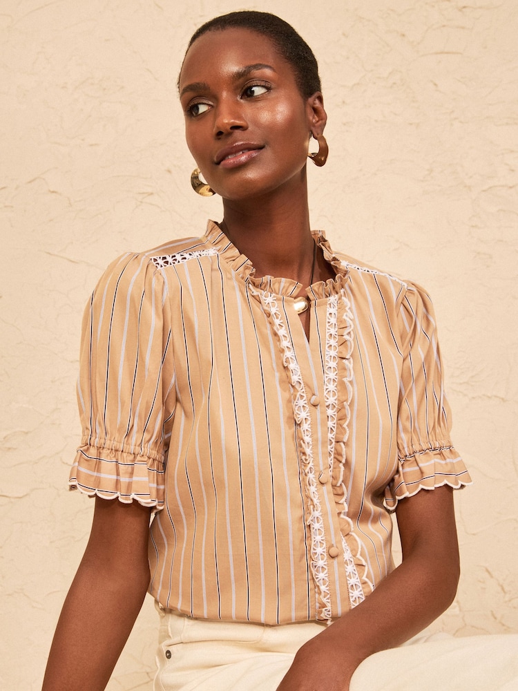 Love & Roses Beige Stripe Ruffle Trim Short Sleeve Blouse - Image 1 of 4