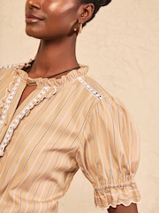 Love & Roses Beige Stripe Ruffle Trim Short Sleeve Blouse - Image 2 of 4