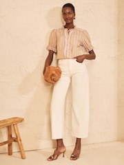 Love & Roses Beige Stripe Ruffle Trim Short Sleeve Blouse - Image 3 of 4