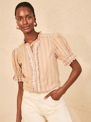 Love & Roses Beige Stripe Ruffle Trim Short Sleeve Blouse - Image 4 of 4