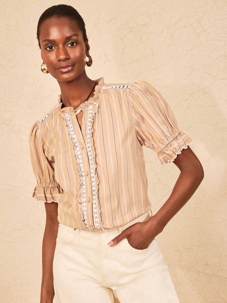 Love & Roses Beige Stripe Ruffle Trim Short Sleeve Blouse - Image 4 of 4