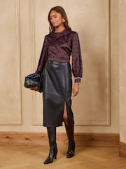 Love & Roses Burgundy Red Satin Jacquard Drape Piped Long Sleeve Blouse - Image 3 of 4