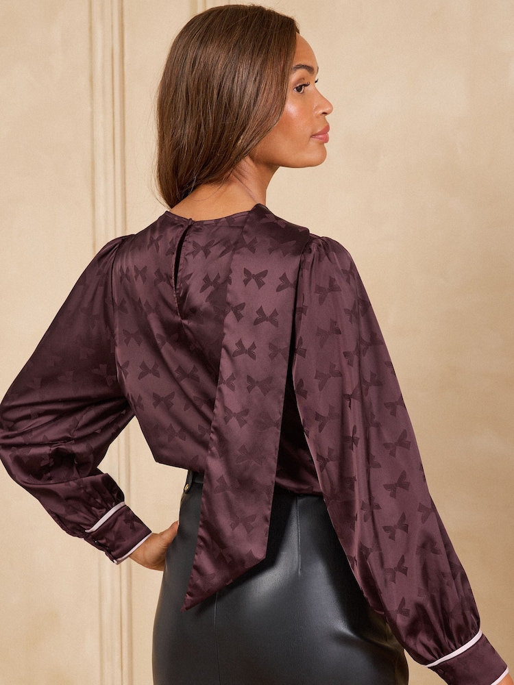 Love & Roses Burgundy Red Satin Jacquard Drape Piped Long Sleeve Blouse - Image 4 of 4