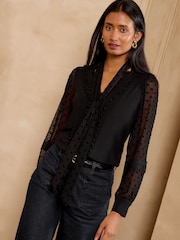 Schwarz - Love & Roses Mesh Heart Pussybow Long Sleeve Blouse - Bild 4 von 5