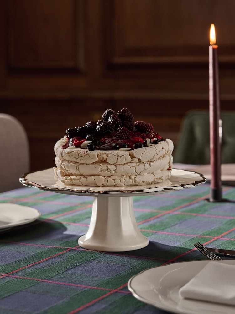 Cream Scalloped Silver Edge Cake Stand - Image 1 of 4 Cream Scalloped Silver Edge Cake Stand - Image 1 of 4