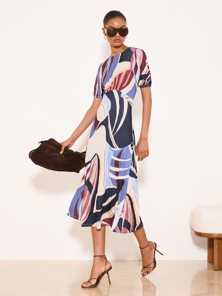 Lipsy Blue Blue Jersey Abstract Printed Midi Dress - Image 1 of 4