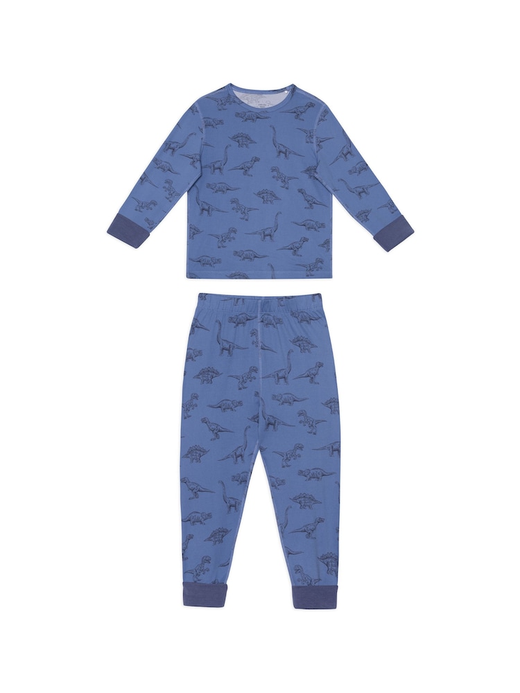 Chelsea Peers Blue Kids Jurassic Dinosaur Print Long Pyjamas Set - Image 1 of 3 Chelsea Peers Blue Kids Jurassic Dinosaur Print Long Pyjamas Set - Image 1 of 3