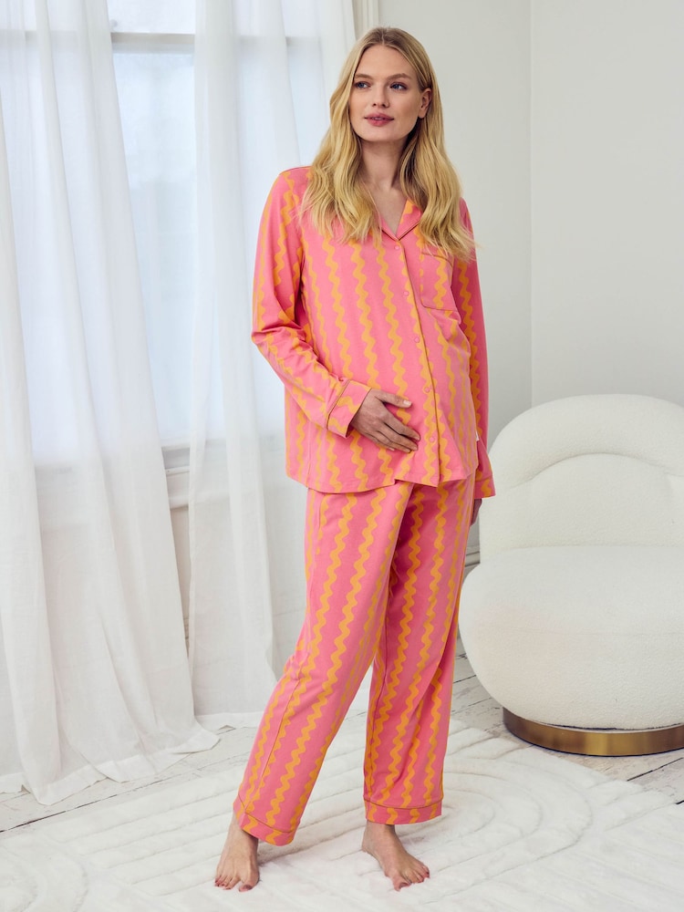 Chelsea Peers Yellow Maternity Sunset Wavy Stripe Print Long Pyjamas Set - Image 1 of 5